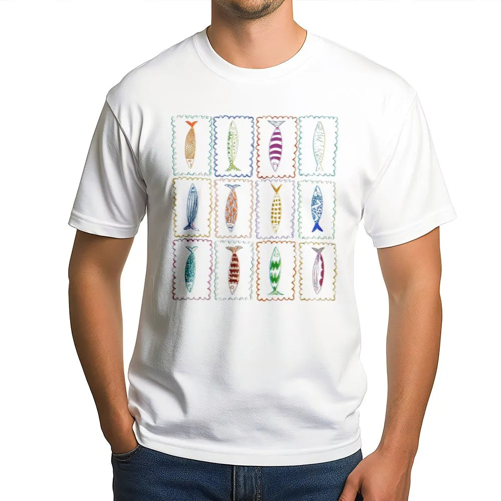 Sardine Fish T-Shirt | Colorful Fish Stamp Collector Graphic | Soft Cotton-Blend Pullover | Gift for Ocean Lover