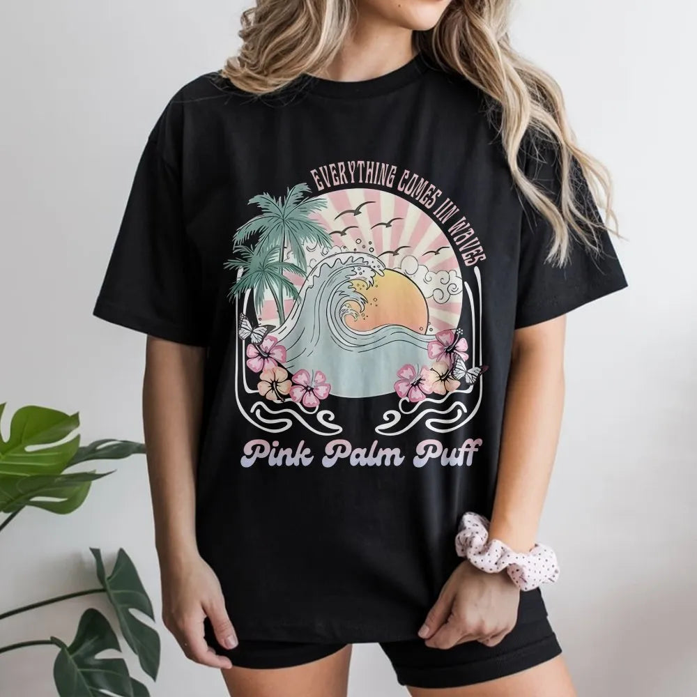 Ocean Wave T-Shirt | Retro Sunset & Palm Tree Graphic | Soft Cotton Blend Sweatshirt | Beach Lover Surfer Gift