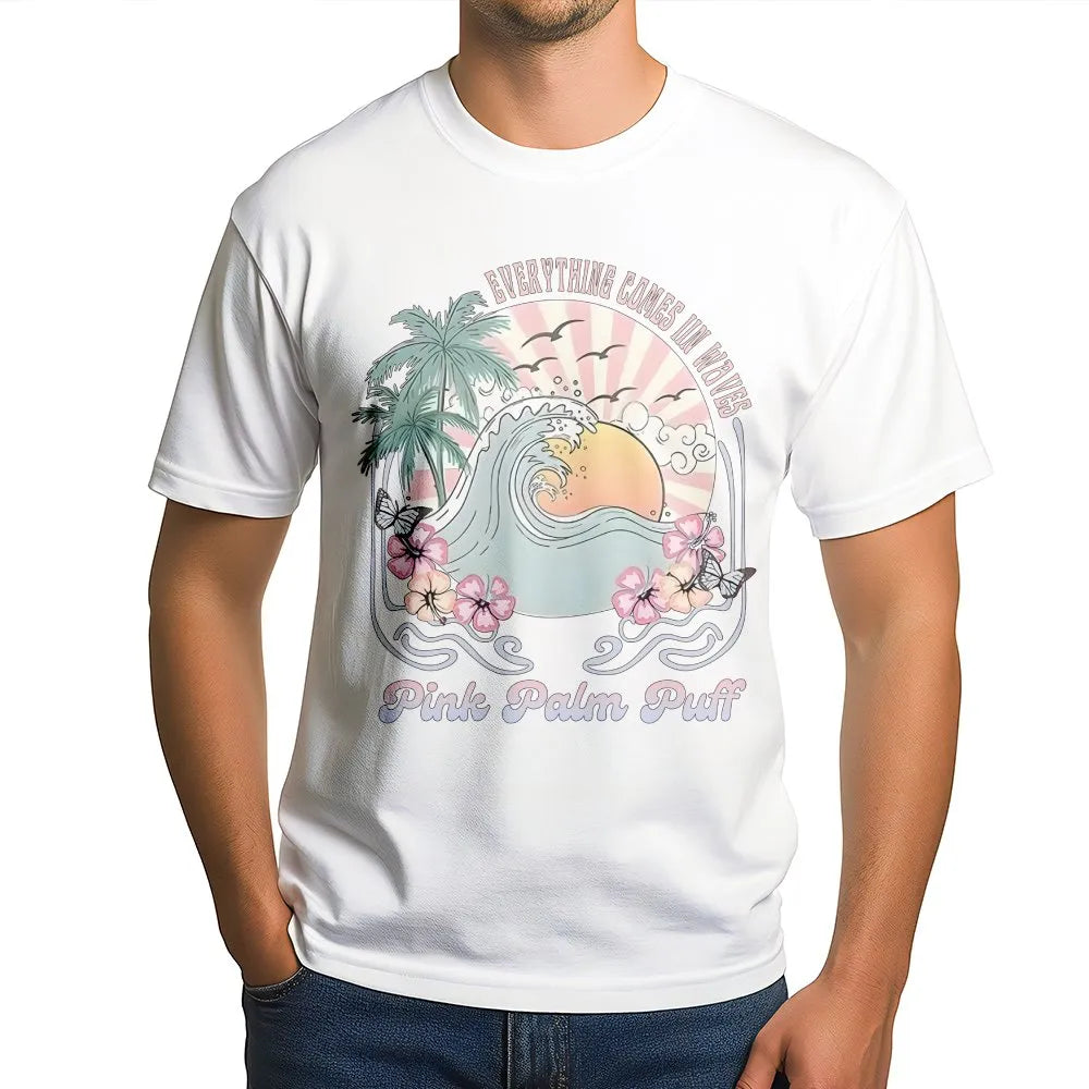 Ocean Wave T-Shirt | Retro Sunset & Palm Tree Graphic | Soft Cotton Blend Sweatshirt | Beach Lover Surfer Gift