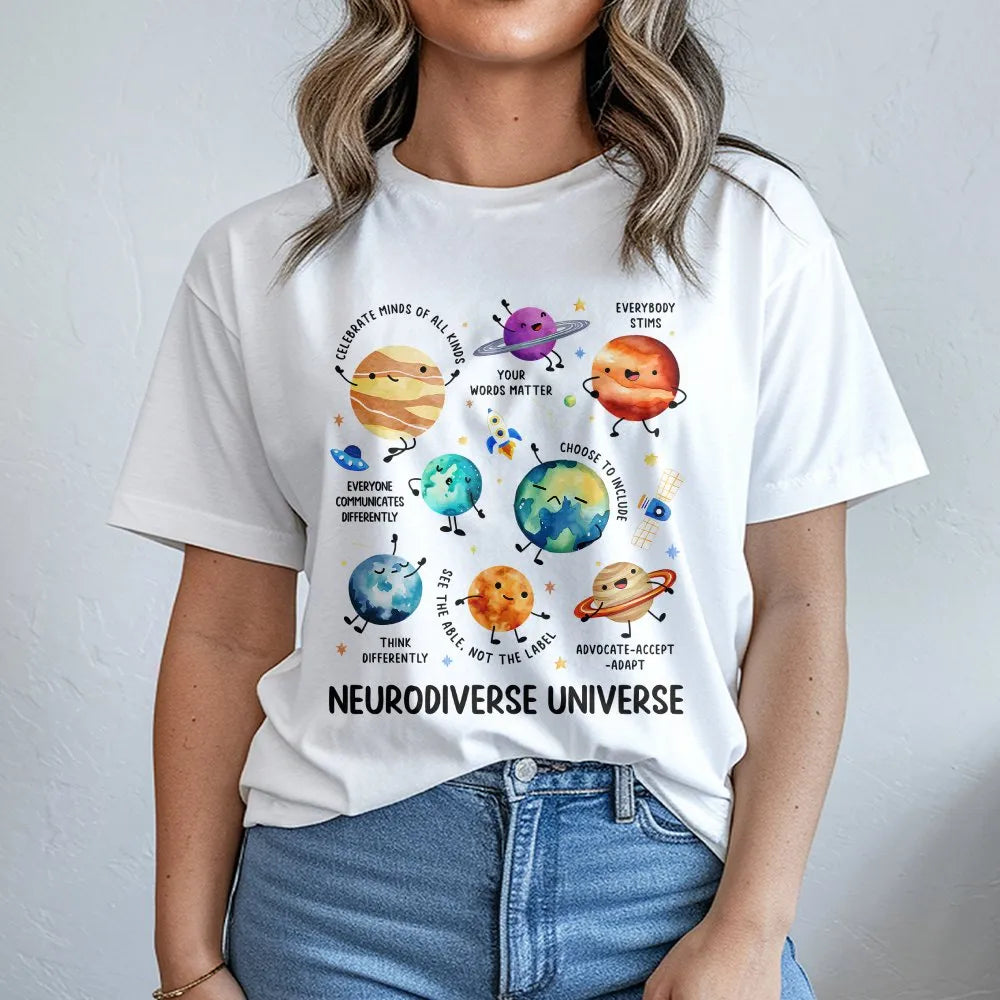 Neurodiverse Universe T-Shirt | Cute Space Planet Graphic | Soft Cotton Tee | Gift for Special Education Teacher