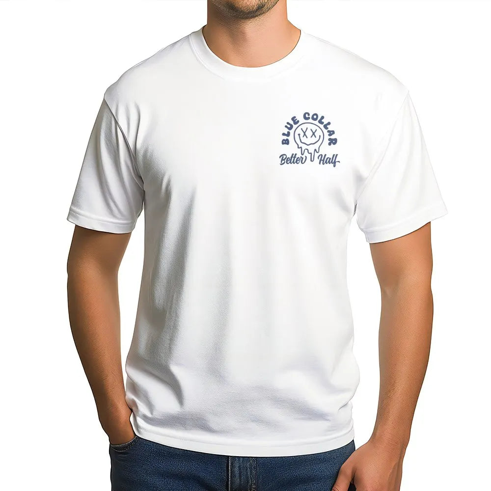 Blue Collar Better Half Sweatshirt | Drippy Smiley Face Graphic | Soft Cotton Blend | Gift for Blue Collar Wife