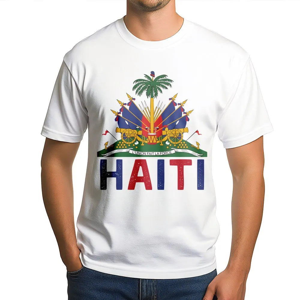 Haitian Pride T-Shirt | Vintage Haiti Coat of Arms Graphic | Soft 100% Cotton | Freedom Began With Us Patriotic Gift