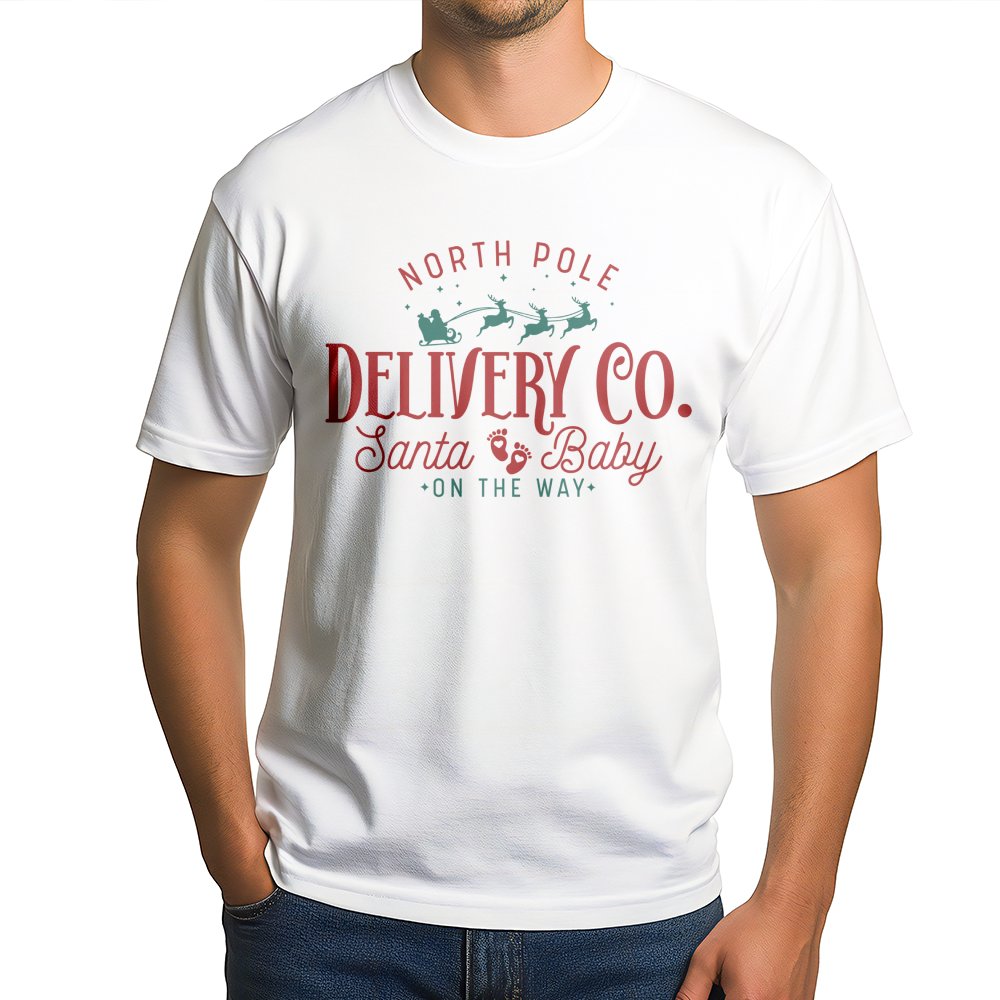 North Pole Delivery Co. T-Shirt | Santa Baby Pregnancy Announcement | Soft Cotton Christmas Tee | Expecting Parents Holiday G