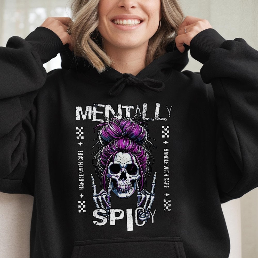 Mentally Spicy Hoodie | Sassy Skull Purple Messy Bun Graphic | Cotton-Polyester Blend | Funny Sarcastic Gift for Women & Teen