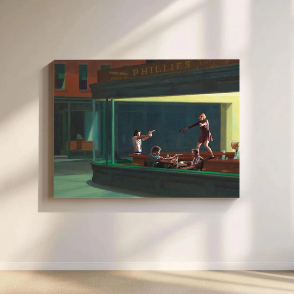 Pulp Fiction Nighthawks Horizontal Canvas | Tarantino Movie Characters in Hopper Diner Art | Premium 1.25" Gallery Canvas | G