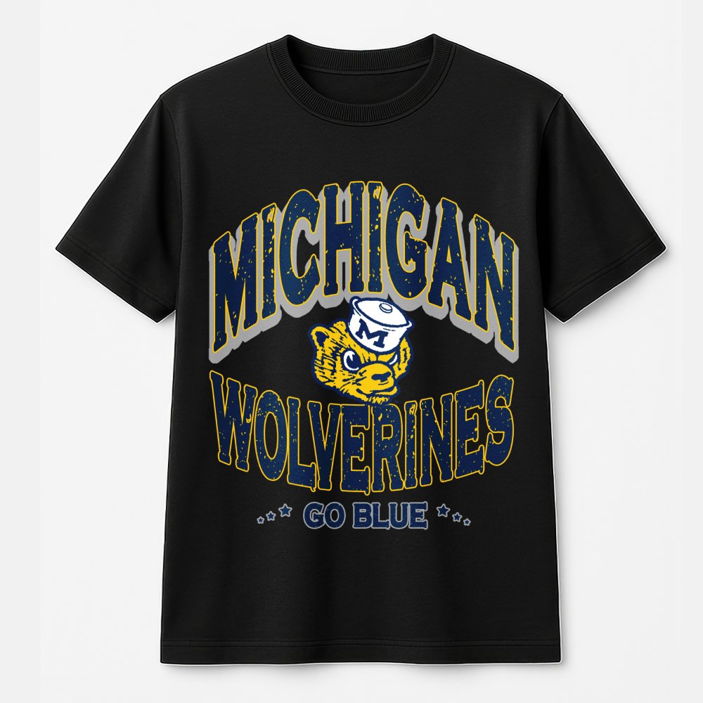 Michigan Wolverines T-Shirt | Vintage Mascot Go Blue Graphic Print | Premium Soft Cotton | College Football Fan Gift For Stud