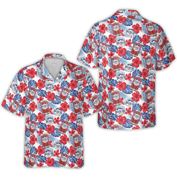Busch Light Apple Hawaiian Shirt | Tropical Red Hibiscus Beer Print | Woven Polyester Summer Button-Up | Gift for Beer Lovers