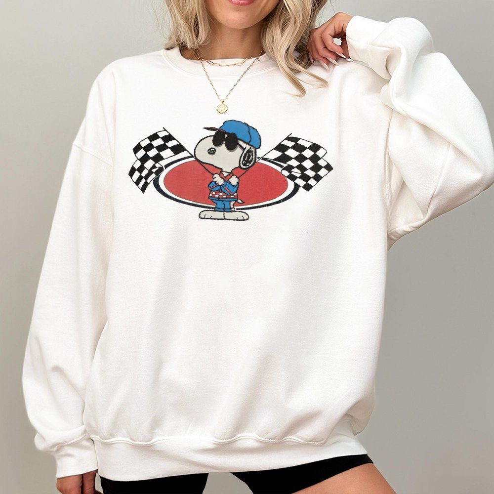 Joe Cool Race Car Sweatshirt | Vintage Peanuts Graphic Pullover | Premium Cotton Blend | Retro Cartoon Lover Gift For Men And