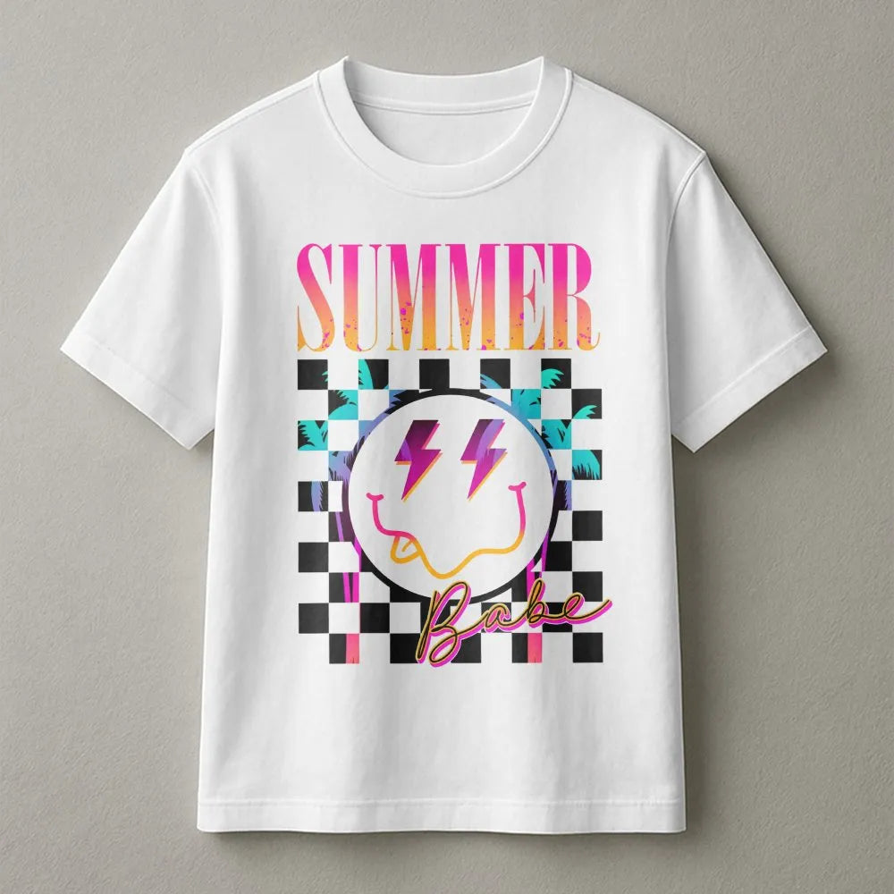 Summer Babe Sweatshirt | Retro 80s Checkerboard Smiley Face | Soft Cotton Blend | Trendy Preppy Gift for Women