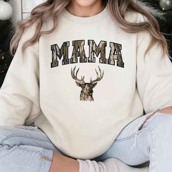 Mama Deer Sweatshirt | Camo Lettering Hunting Season Graphic | Premium Cotton Blend | Gift for Mom Hunter