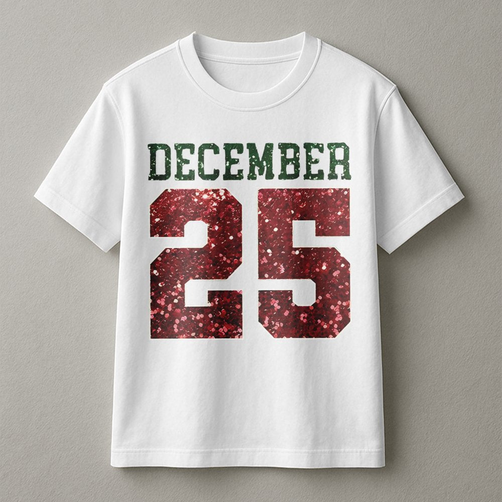 December 25 Christmas T-Shirt | Red Glitter Graphic Holiday Design | 100% Soft Cotton | Festive Women's Xmas Gift Apparel