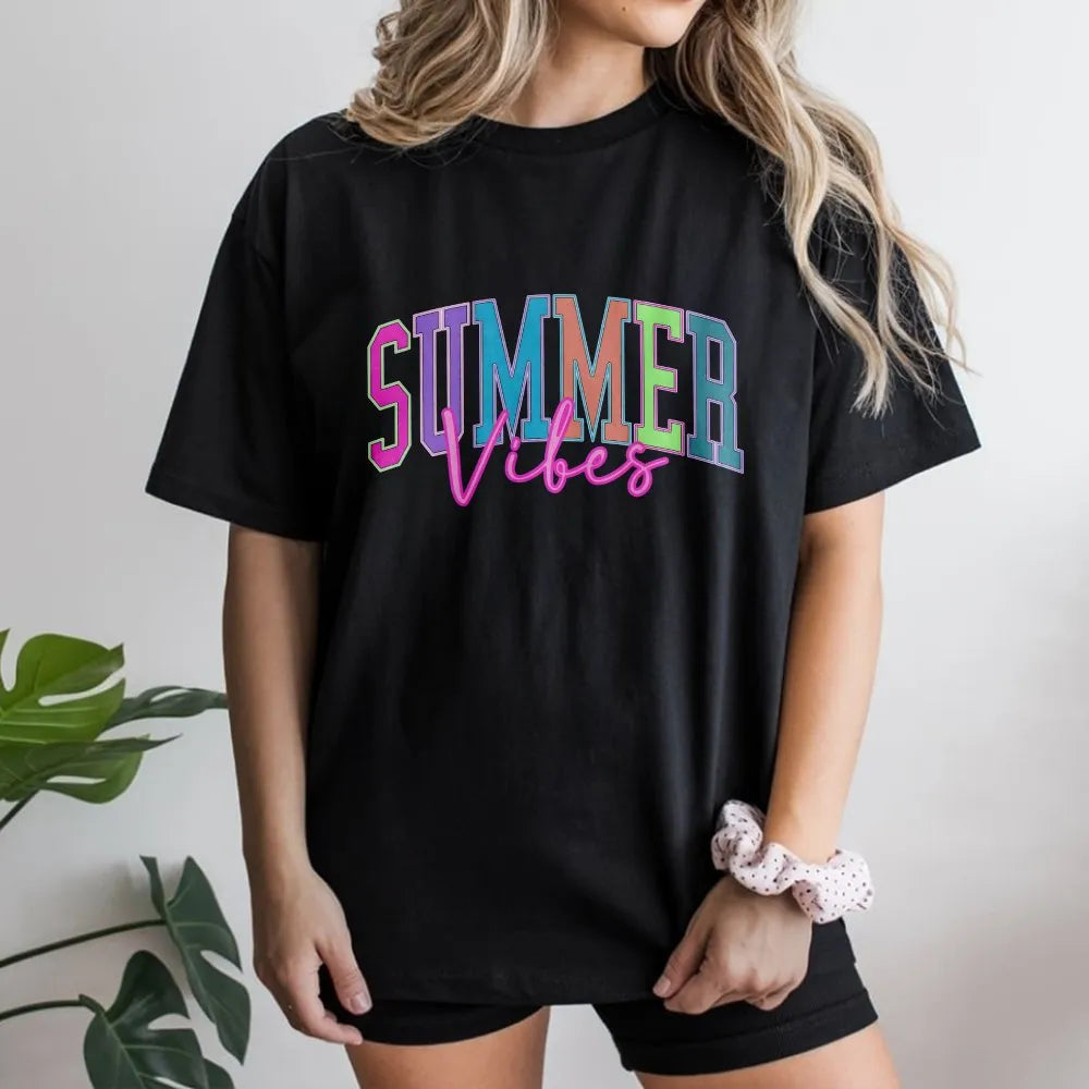 Summer Vibes T-Shirt | Colorful Retro Graphic Pullover | Soft Cotton Blend | Trendy Beach Vacation Gift for Her