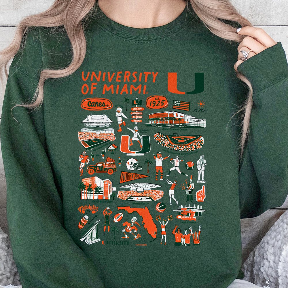 University of Miami Sweatshirt | Vintage Style Campus Icons Collage | Premium Cotton Blend | Unisex Gift for Hurricanes Stude