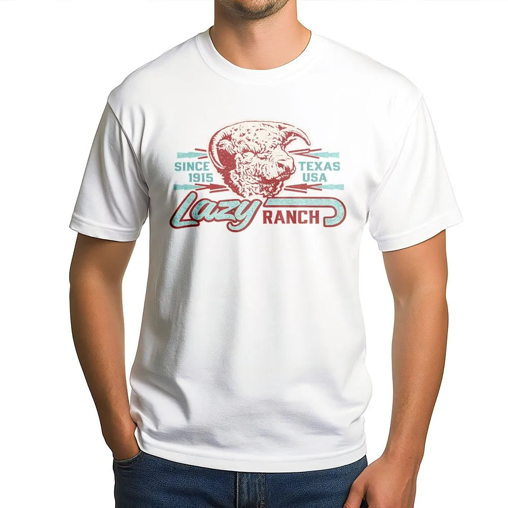 Lazy J Ranch T-Shirt | Vintage Texas Ram Skull Graphic | Soft Cotton Western Wear | Gift for Cowboy or Rancher