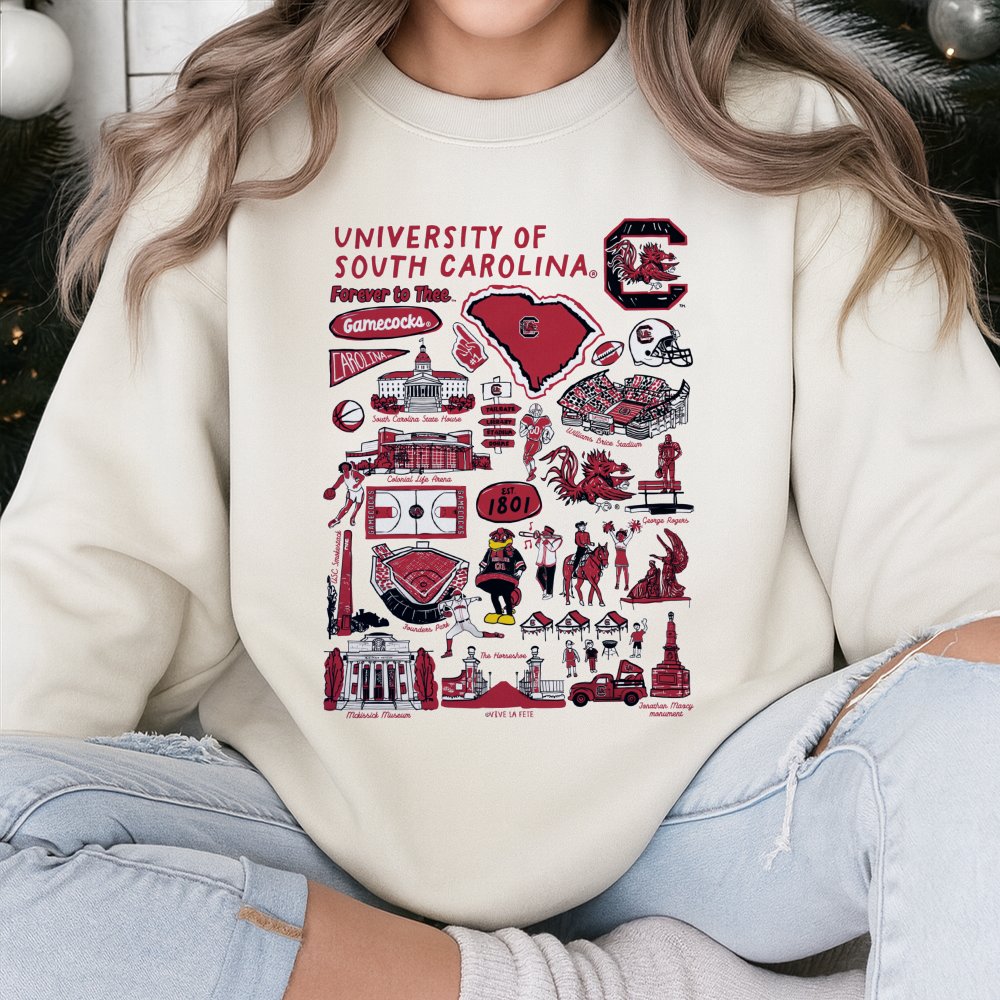 University Of South Carolina Sweatshirt | Gamecocks Campus Landmarks Illustration | Premium Cotton Blend Crewneck | Gift For 