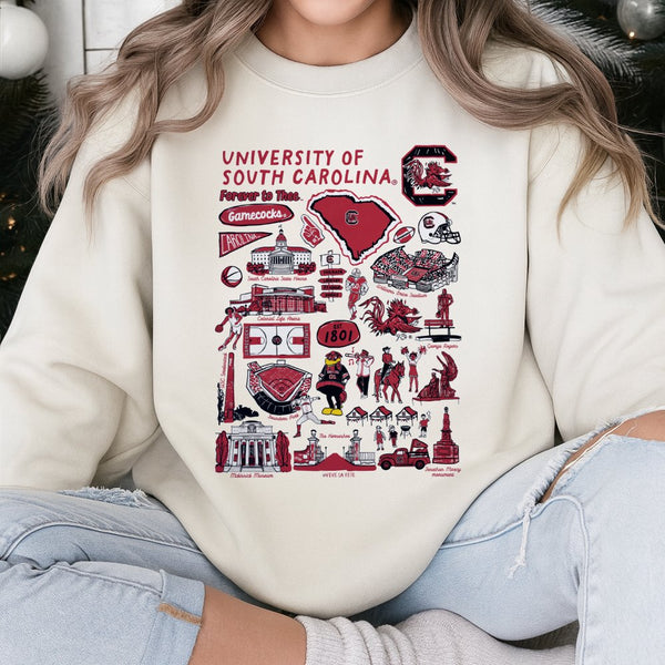 University Of South Carolina Sweatshirt | Gamecocks Campus Landmarks Illustration | Premium Cotton Blend Crewneck | Gift For 