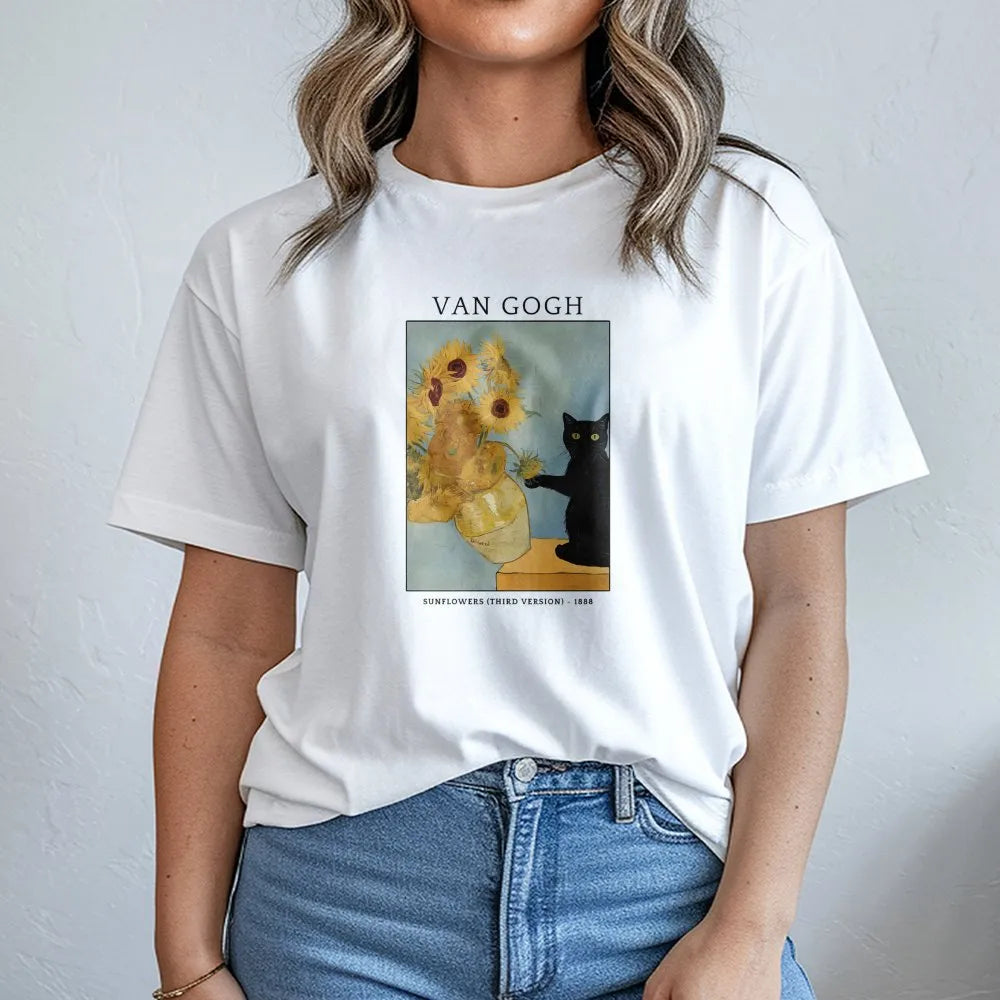 Van Gogh Cat T-Shirt | Funny Black Cat Sunflowers Painting | Soft Cotton Artist Tee | Gift for Art History Lover