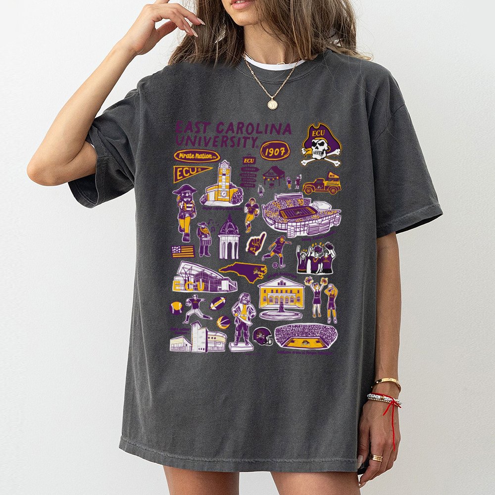 East Carolina University T-Shirt | Pirate Nation Campus Landmark Collage | Premium 100% Cotton Tee | Gift for ECU Students, A