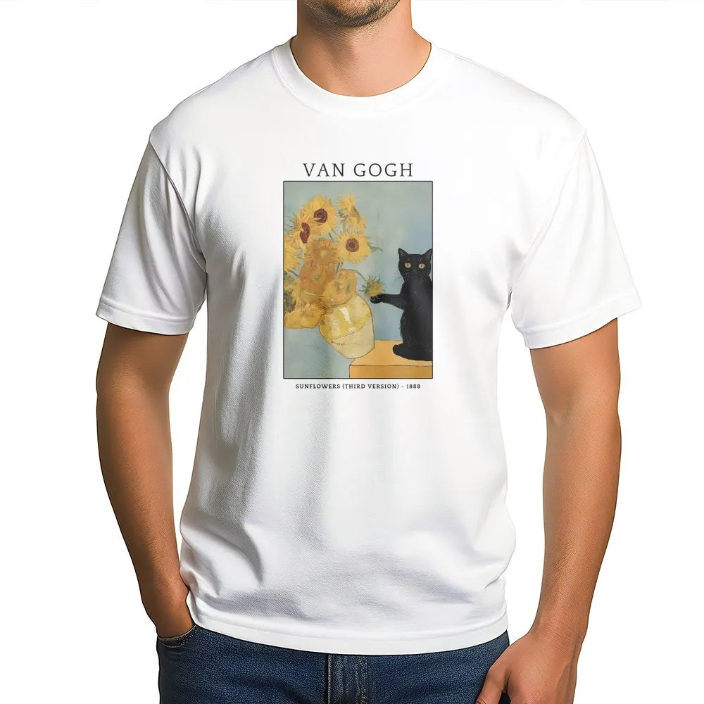 Van Gogh Cat T-Shirt | Funny Black Cat Sunflowers Painting | Soft Cotton Artist Tee | Gift for Art History Lover