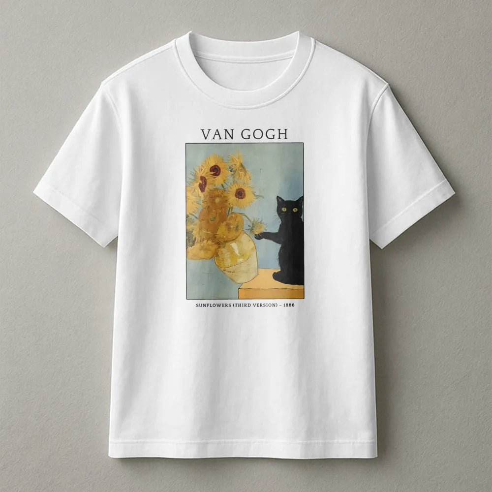 Van Gogh Cat T-Shirt | Funny Black Cat Sunflowers Painting | Soft Cotton Artist Tee | Gift for Art History Lover