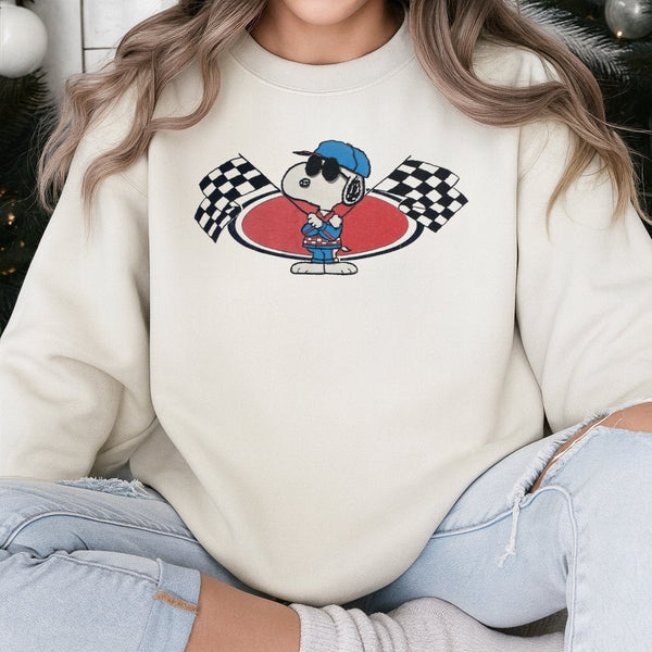 Joe Cool Race Car Sweatshirt | Vintage Peanuts Graphic Pullover | Premium Cotton Blend | Retro Cartoon Lover Gift For Men And