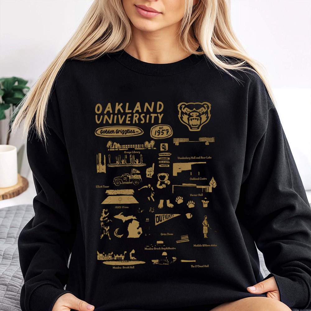 Oakland University Sweatshirt | Golden Grizzlies Campus Landmark Collage | Unisex Cotton Blend Crewneck | College Alumni Gift