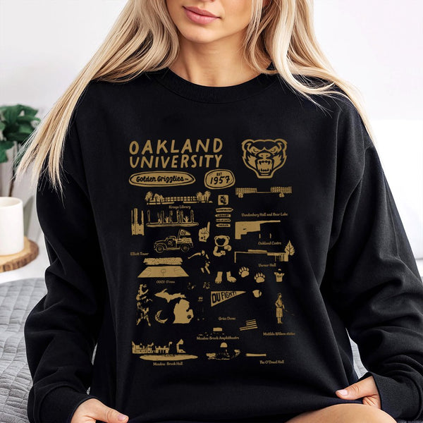 Oakland University Sweatshirt | Golden Grizzlies Campus Landmark Collage | Unisex Cotton Blend Crewneck | College Alumni Gift