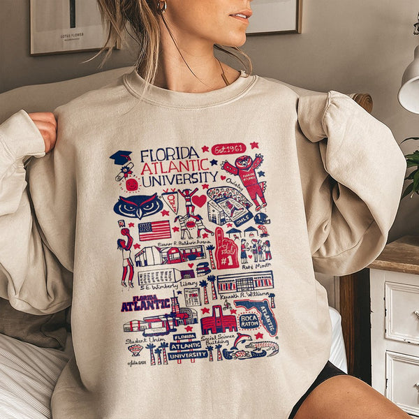 Florida Atlantic University Sweatshirt | FAU Campus Map Doodle Graphic | Premium Cotton Blend | Gift for Students Alumni and 