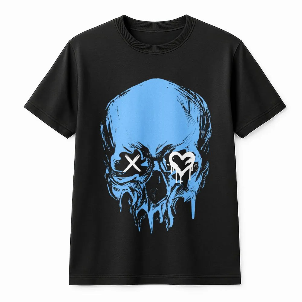 Graphic Skull T-Shirt | Dripping Heart Eye Street Art Design | Premium Cotton-Blend | Goth Emo Alt Clothing Gift