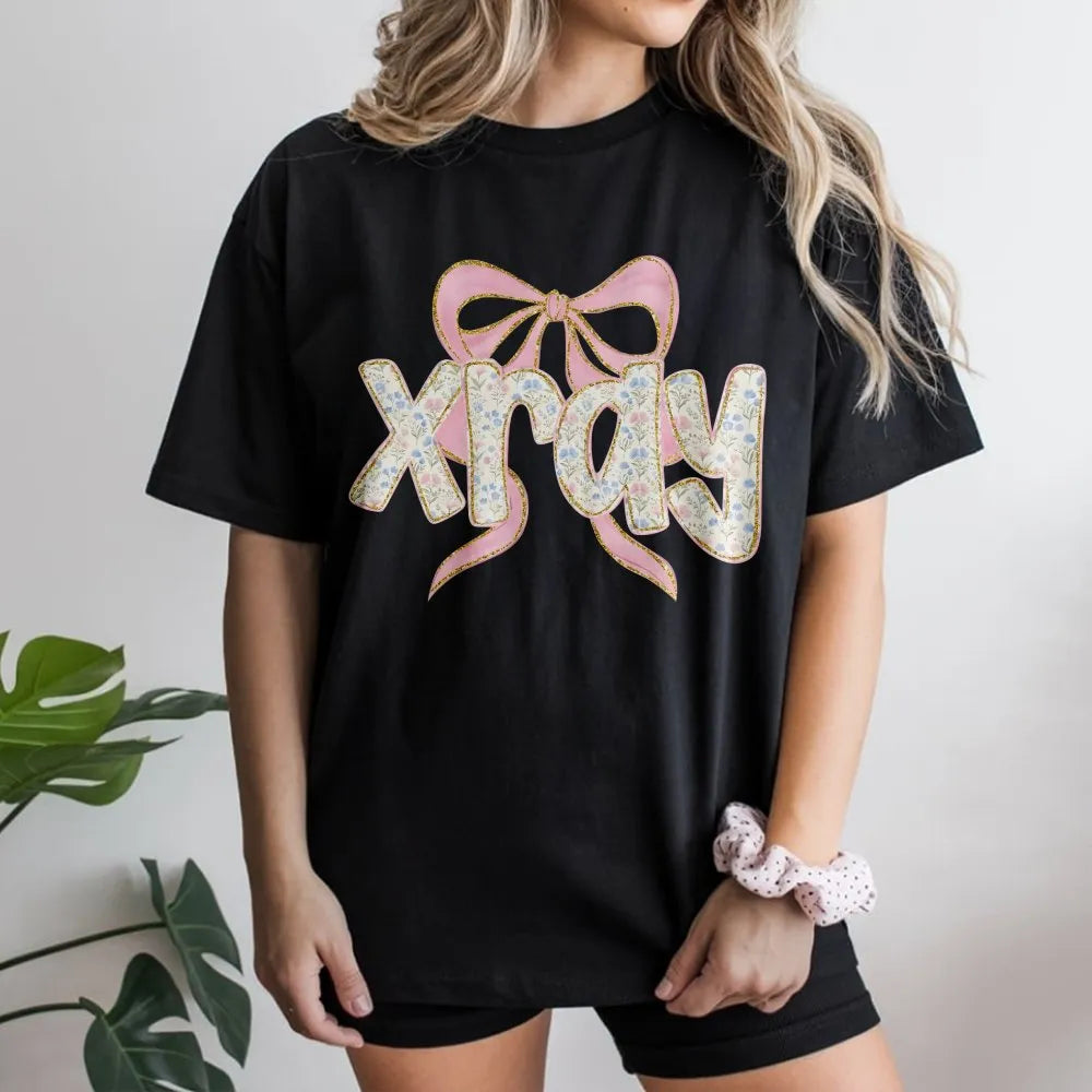 Coquette Xray Tech T-Shirt | Floral Pink Bow Graphic | Soft Cotton Tee | Gift for Radiologic Technologist Grad