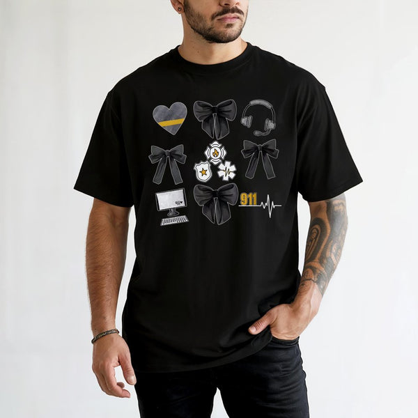 911 Dispatcher T-Shirt | Bow and Emergency Service Icon Graphic | 100% Soft Cotton Tee | Perfect Dispatcher Appreciation Gift