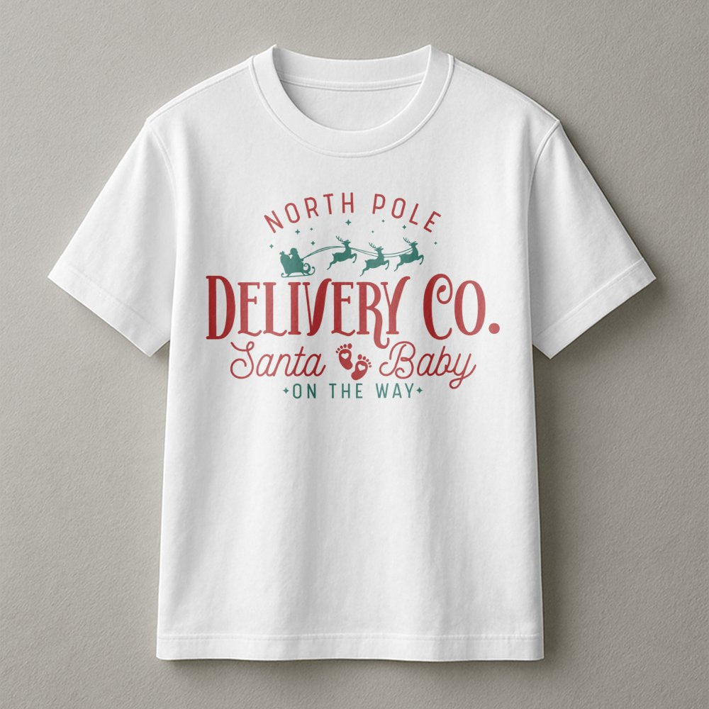 North Pole Delivery Co. T-Shirt | Santa Baby Pregnancy Announcement | Soft Cotton Christmas Tee | Expecting Parents Holiday G