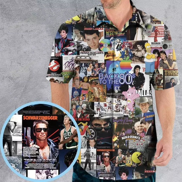 80s Movie Collage Hawaiian Shirt | Retro Nostalgia Film Print | Summer Vacation Aloha Top | Gift for 80s Pop Culture Fans
