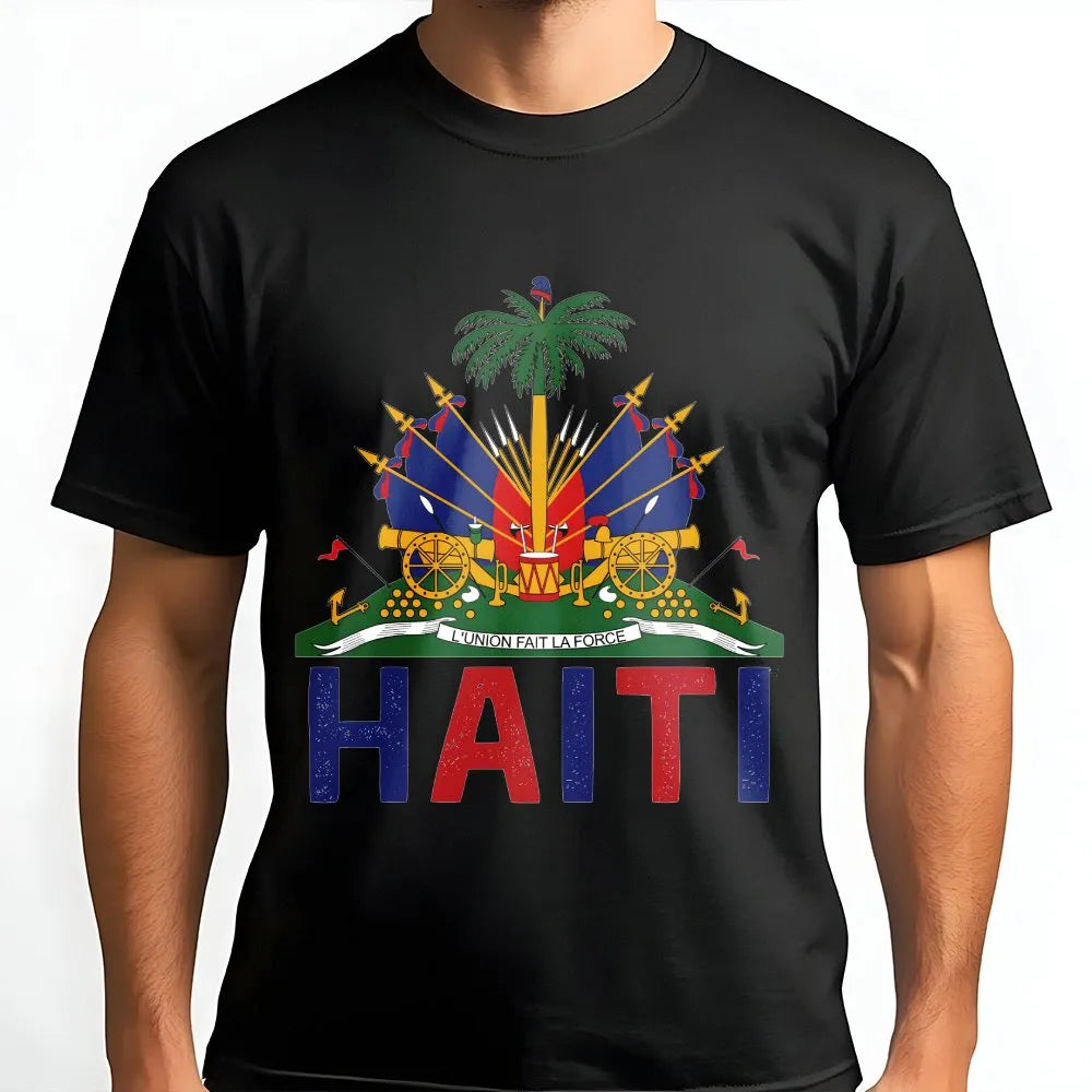 Haitian Pride T-Shirt | Vintage Haiti Coat of Arms Graphic | Soft 100% Cotton | Freedom Began With Us Patriotic Gift