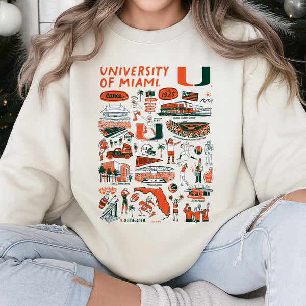 University of Miami Sweatshirt | Vintage Style Campus Icons Collage | Premium Cotton Blend | Unisex Gift for Hurricanes Stude