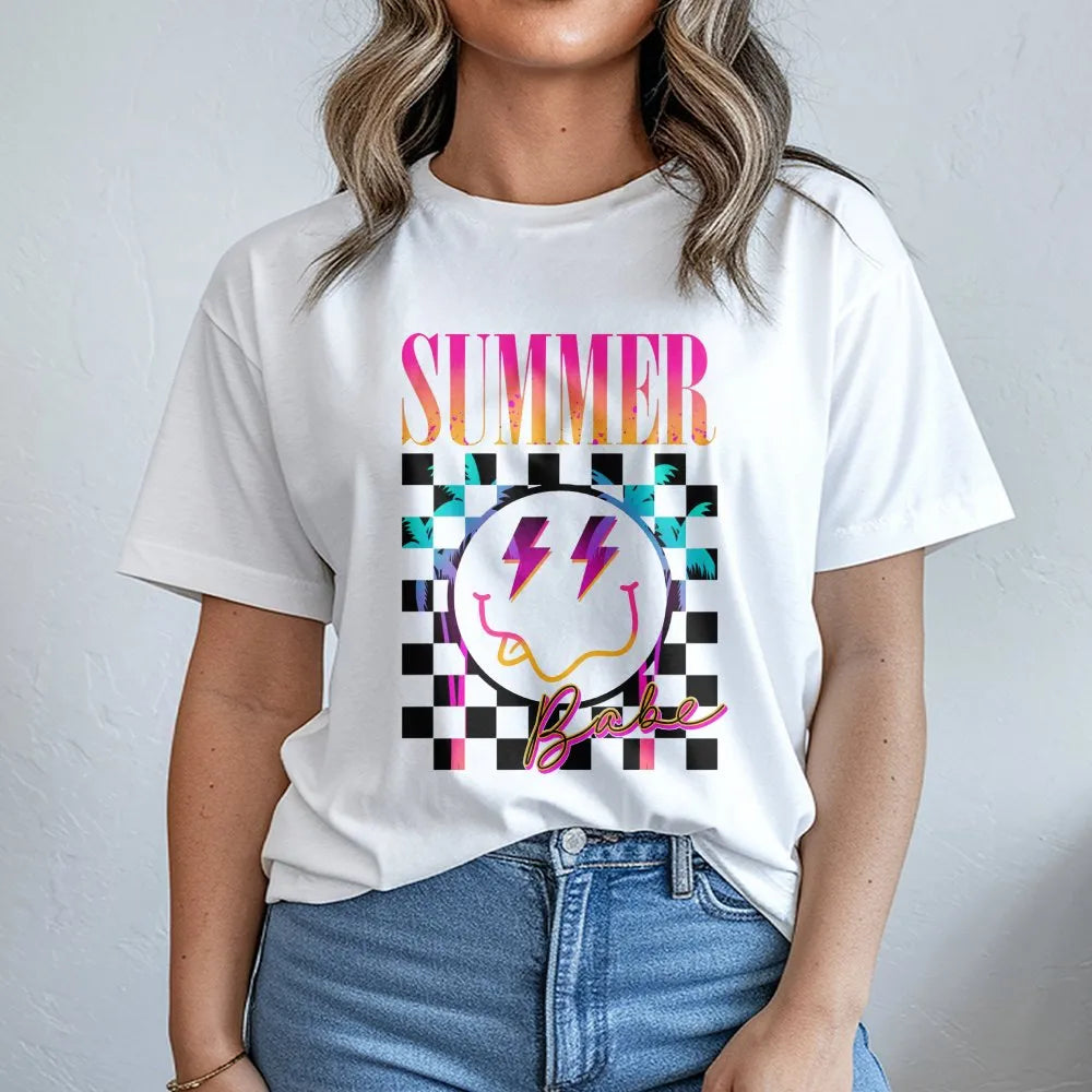 Summer Babe Sweatshirt | Retro 80s Checkerboard Smiley Face | Soft Cotton Blend | Trendy Preppy Gift for Women