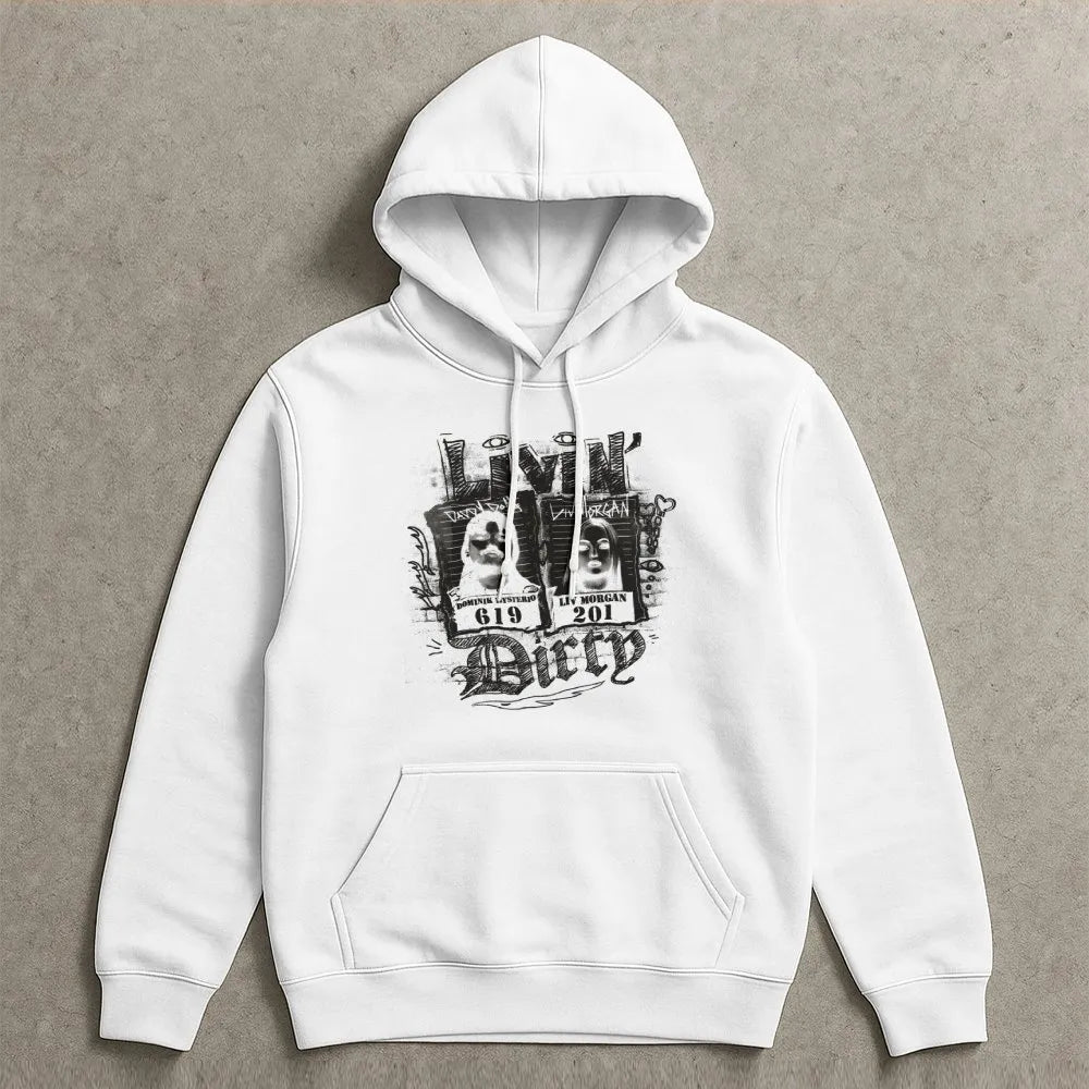 Livin' Dirty Wrestling Hoodie | Dominik Mysterio & Liv Morgan Mugshot Graphic | Premium Cotton Blend Streetwear | Wrestling F