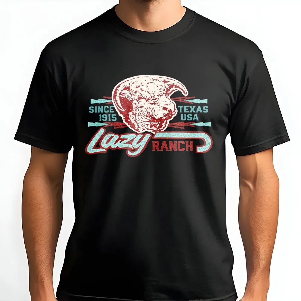 Lazy J Ranch T-Shirt | Vintage Texas Ram Skull Graphic | Soft Cotton Western Wear | Gift for Cowboy or Rancher