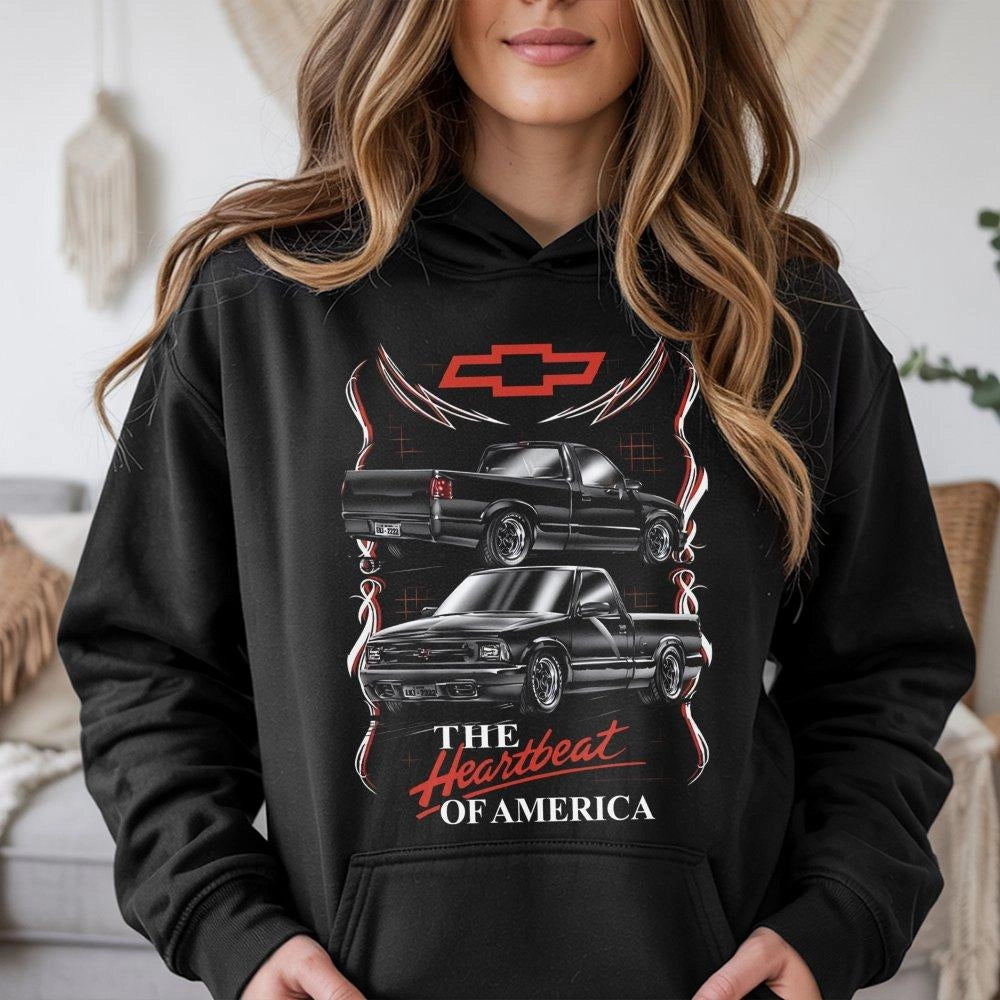 Chevy S10 Pickup Truck Hoodie | Vintage Heartbeat Of America Graphic | Premium Cotton Blend | Gift For Truck Enthusiast & Mec