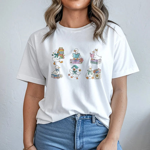 Reading Duck T-Shirt | Cute Bookworm Library Graphic | Soft Cotton Tee | Librarian Teacher Gift for Book Lovers