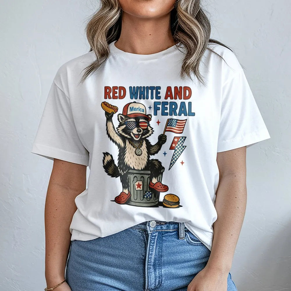 Funny Raccoon 4th of July Sweatshirt | Red White and Feral Merica Graphic | Soft Cotton Blend Pullover | Patriotic USA Party 