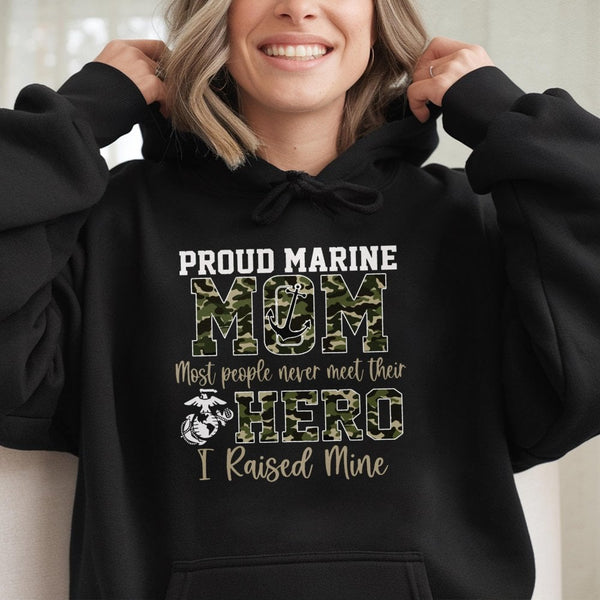 Proud Marine Mom Hoodie | Camo Text Military Gift | Premium Cotton-Poly Blend | USMC Support Apparel For Proud Mother