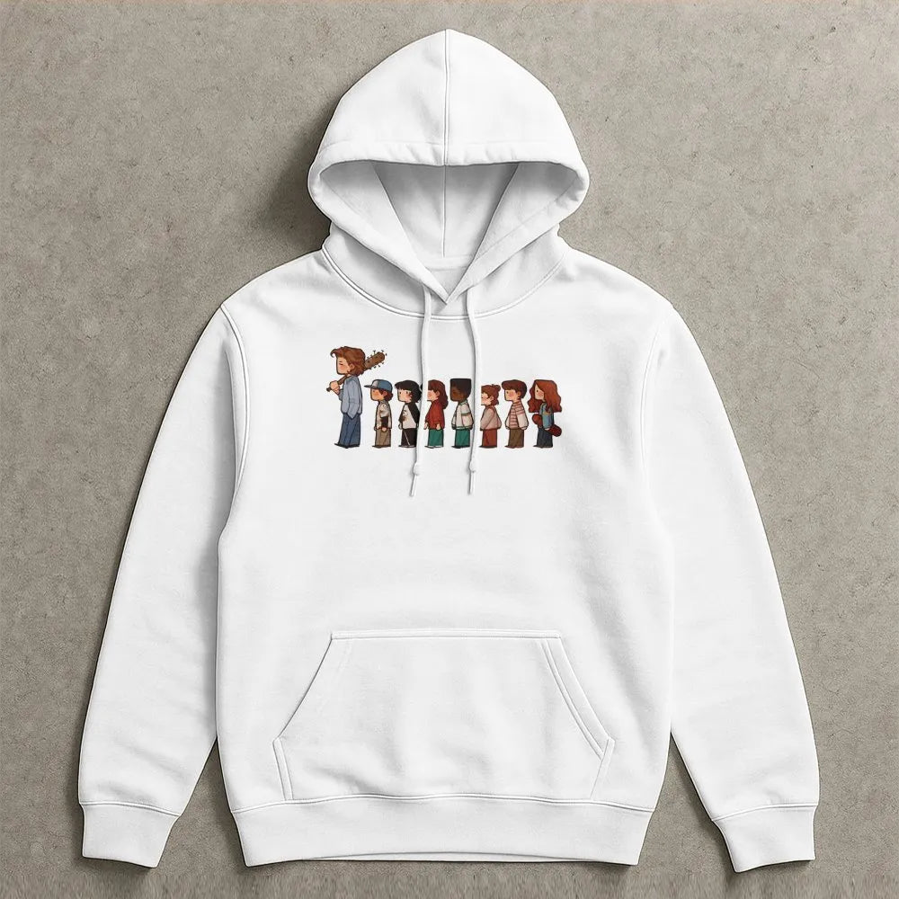 Stranger TV Show Hoodie | Chibi Character Lineup Graphic | Premium Cotton Blend Unisex Sweatshirt | Retro Sci-Fi Fan Gift