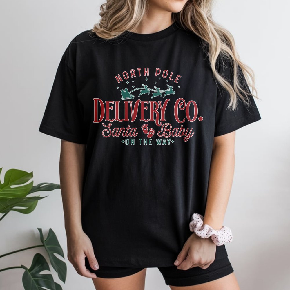 North Pole Delivery Co. T-Shirt | Santa Baby Pregnancy Announcement | Soft Cotton Christmas Tee | Expecting Parents Holiday G