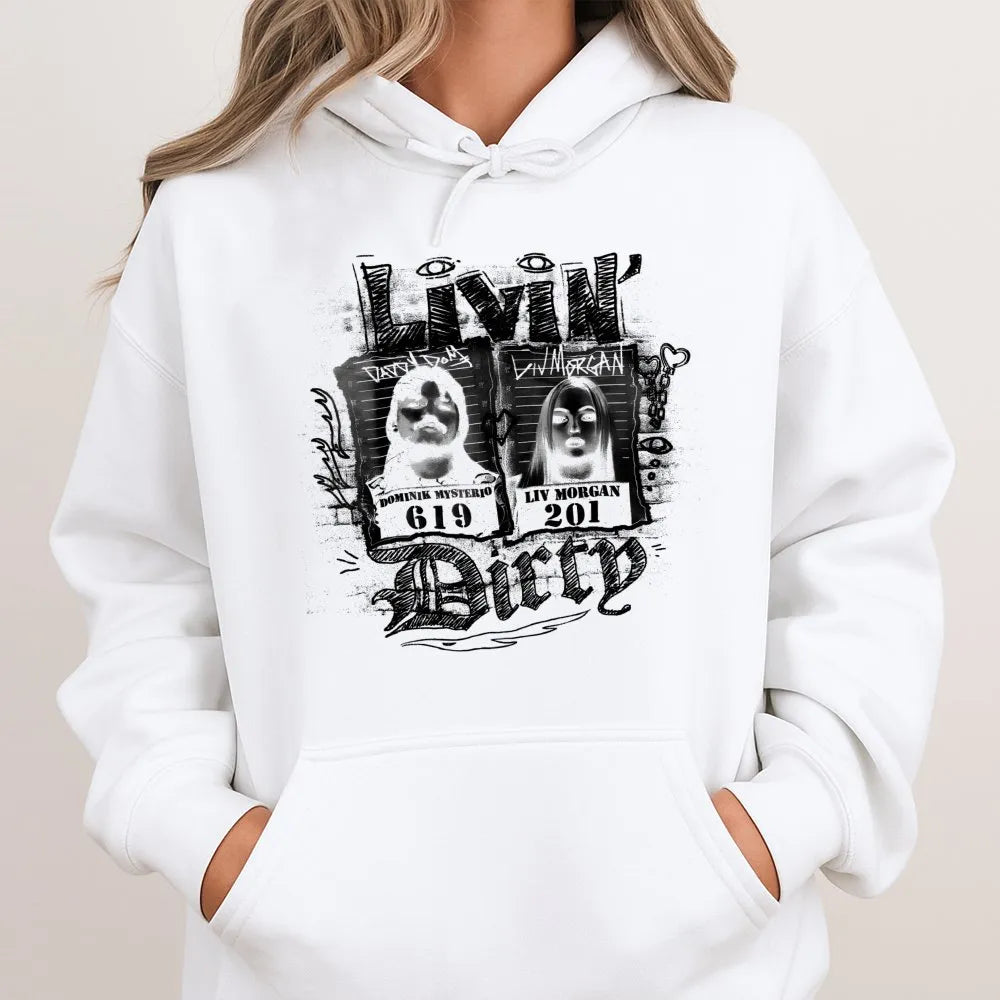 Livin' Dirty Wrestling Hoodie | Dominik Mysterio & Liv Morgan Mugshot Graphic | Premium Cotton Blend Streetwear | Wrestling F