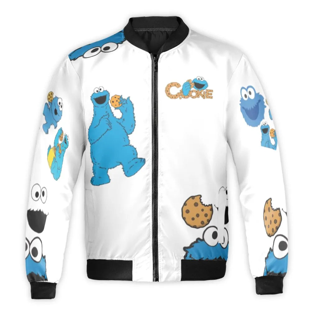 Blue Monster Bomber Jacket | Cookie Lover Streetwear Design | Durable Nylon Shell | Gift For Fans Of Retro Cartoons