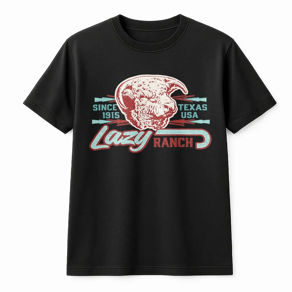 Lazy J Ranch T-Shirt | Vintage Texas Ram Skull Graphic | Soft Cotton Western Wear | Gift for Cowboy or Rancher