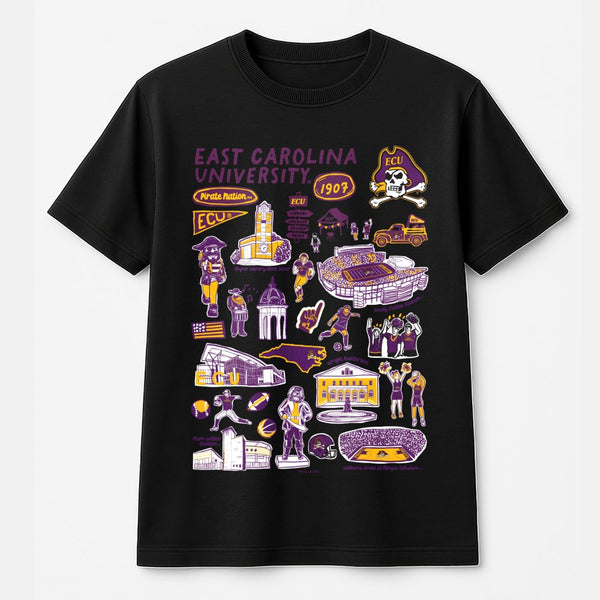 East Carolina University T-Shirt | Pirate Nation Campus Landmark Collage | Premium 100% Cotton Tee | Gift for ECU Students, A
