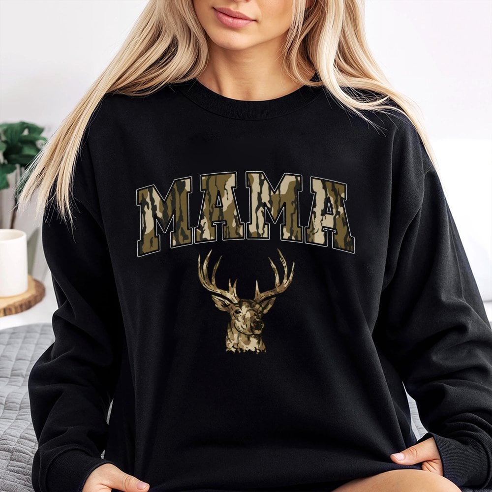 Mama Deer Sweatshirt | Camo Lettering Hunting Season Graphic | Premium Cotton Blend | Gift for Mom Hunter