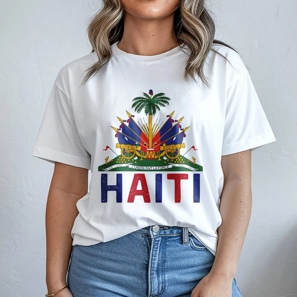 Haitian Pride T-Shirt | Vintage Haiti Coat of Arms Graphic | Soft 100% Cotton | Freedom Began With Us Patriotic Gift